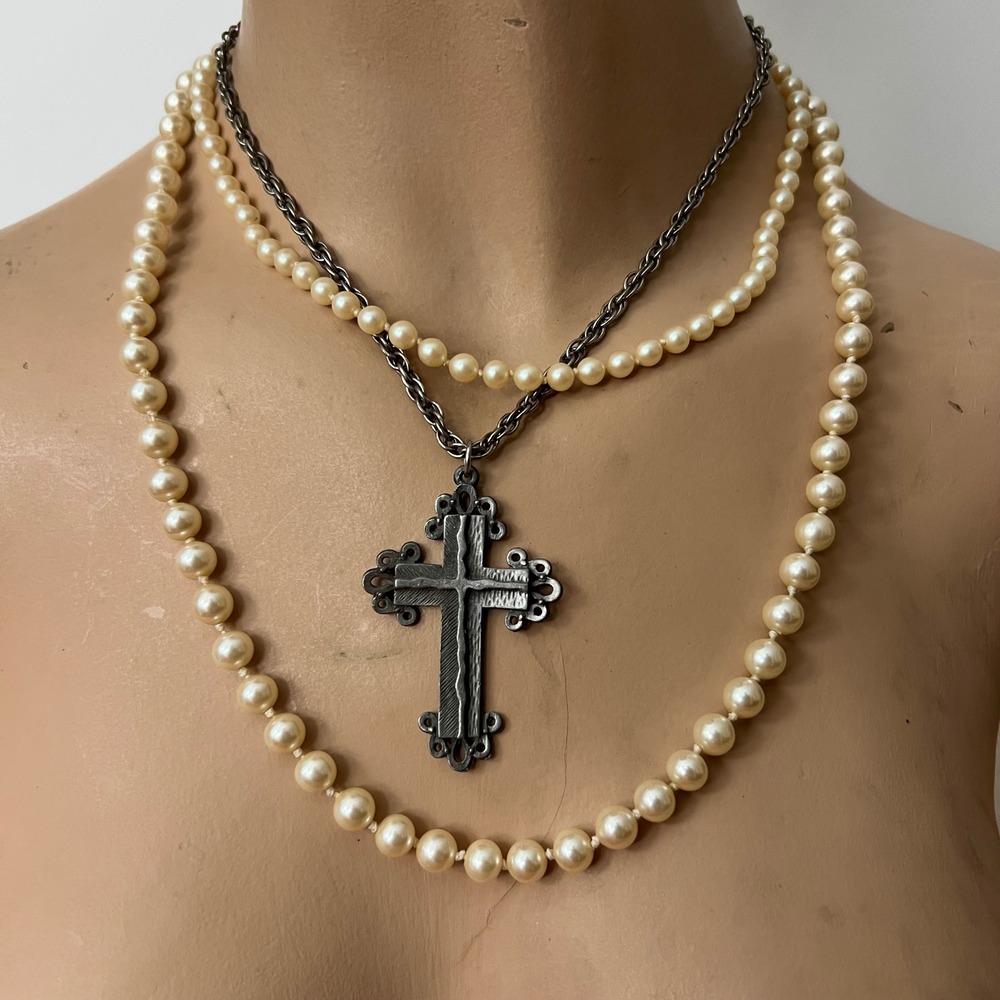 Vtg Faux Pearl Necklaces Brutalist Cross Pendant Curated 3pc Set Whimsigoth 70s